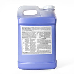 Back side of two and one half gallon jug of Avian Migrate bird repellent on a white background, showing the label